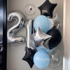 A festive balloon bouquet with a black and blue color scheme, featuring a number 21. Celebrate in style!