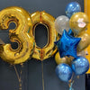 Blue and gold 30th birthday balloon bouquet, perfect for celebrating a milestone birthday.